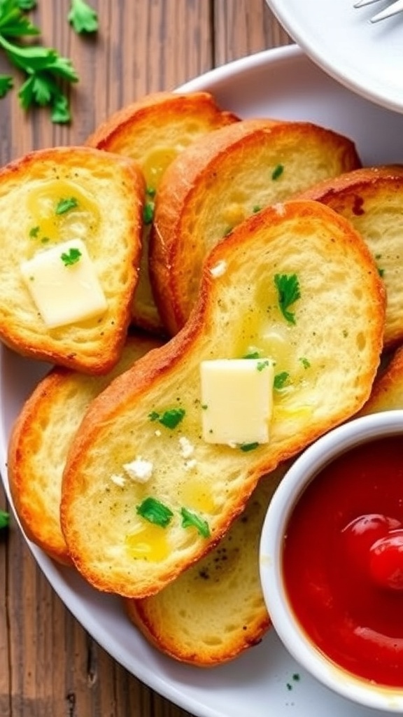 Golden no-bake garlic bread slices on a plate, garnished with parsley, served with marinara sauce.